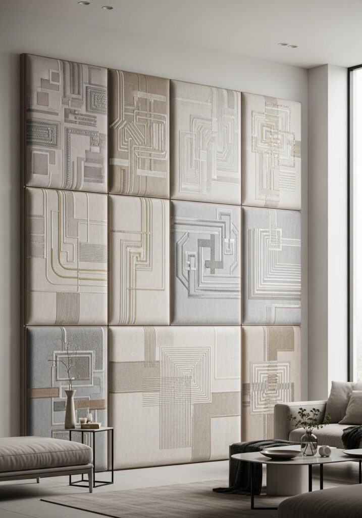 Embroidered accent wall panels used as feature decor