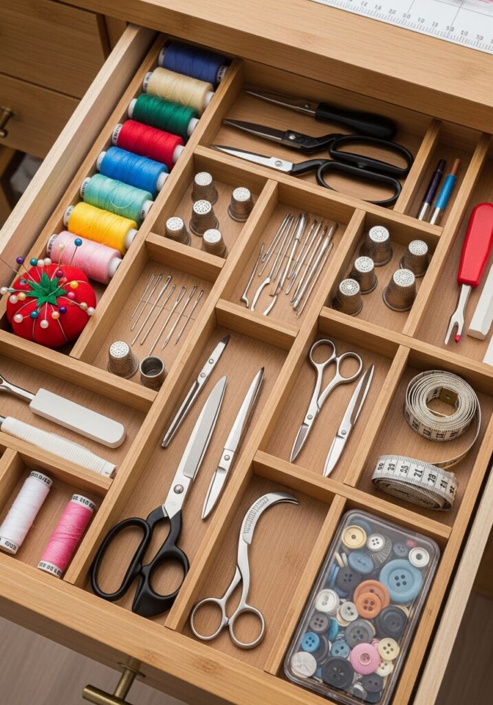 Drawer dividers keeping sewing tools neatly organized