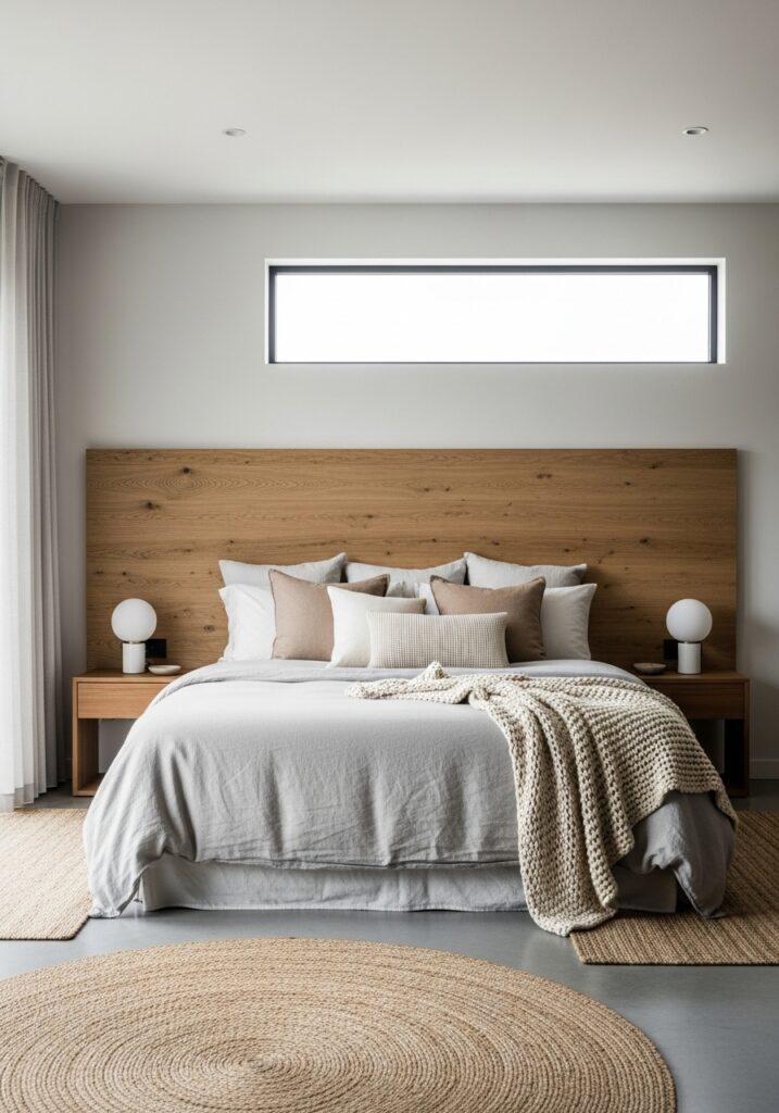  Minimalist bedroom with neutral palette and bold statement headboard accent