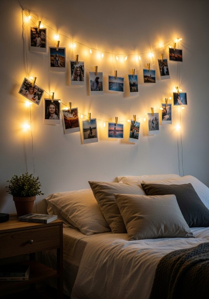Warm string light photo display with clipped personal pictures in a cozy bedroom