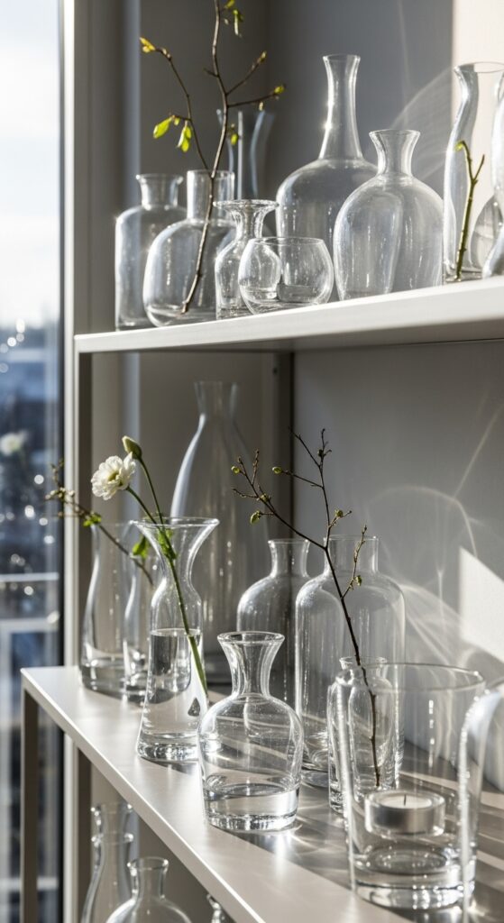 Clear glass vases and objects on shelf creating light airy display