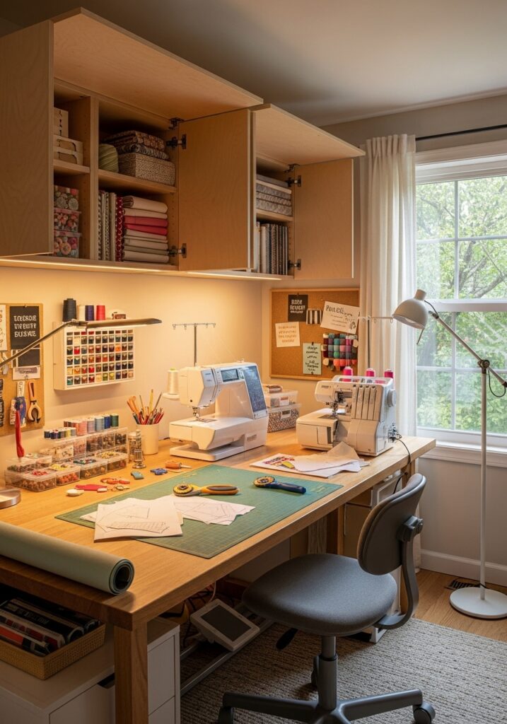  Overhead storage cabinets maximizing sewing room space