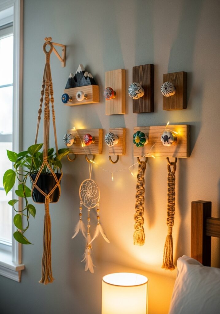 DIY decorative wall hooks used for storage in a cozy creative bedroom