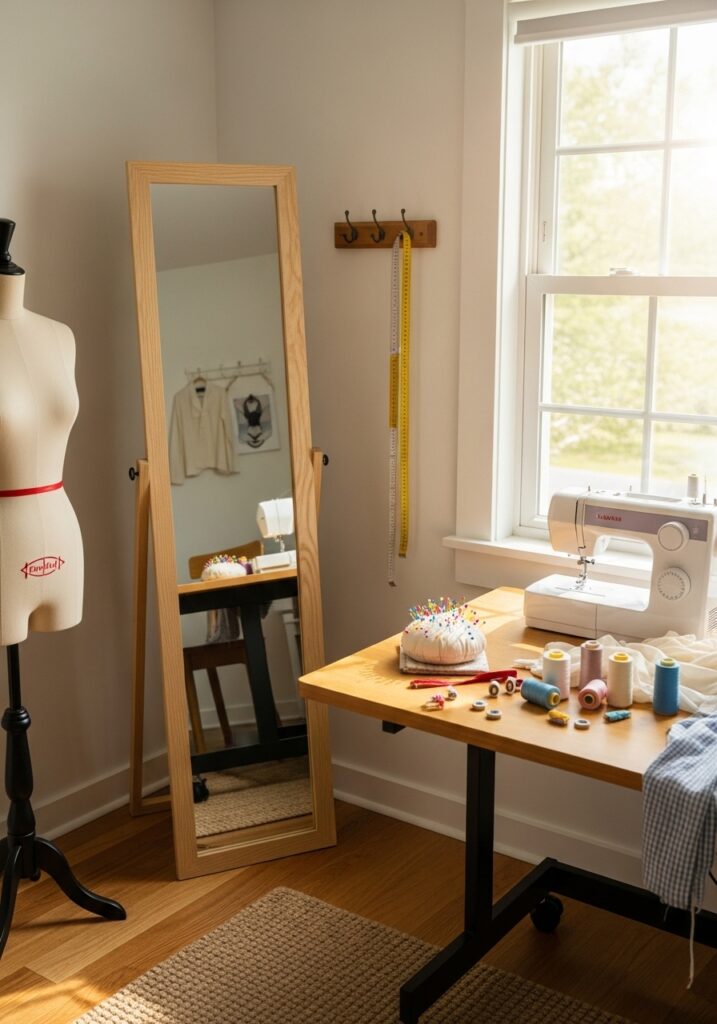  Mirror integrated into sewing room for garment fitting