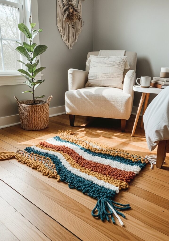 DIY handmade mini rug adding color and texture to a cozy bedroom floor