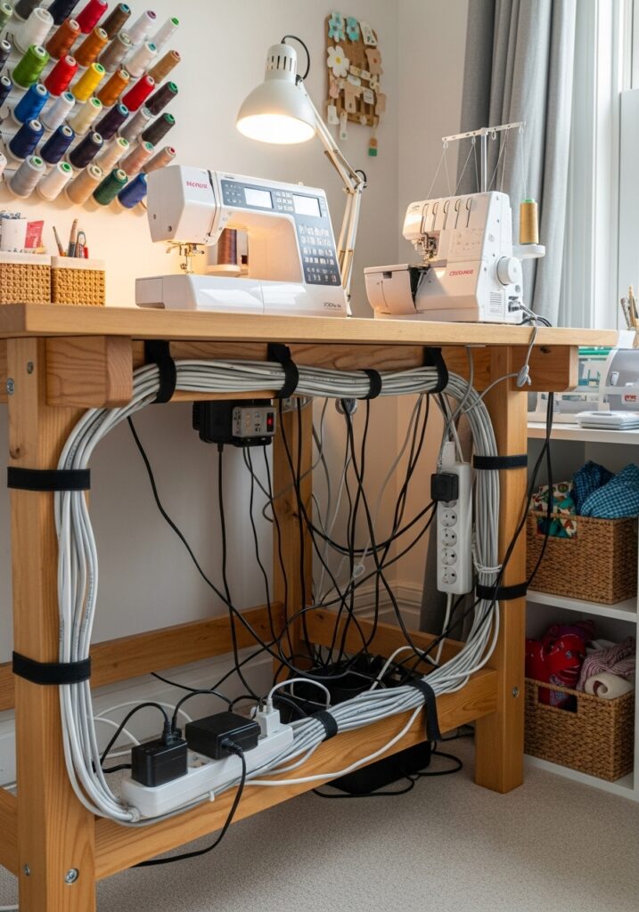  Cable management system keeping sewing room wires tidy