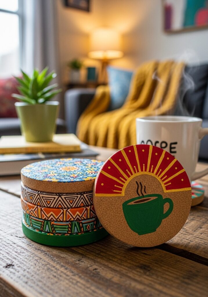 DIY cork coasters with painted designs on a cozy living room table