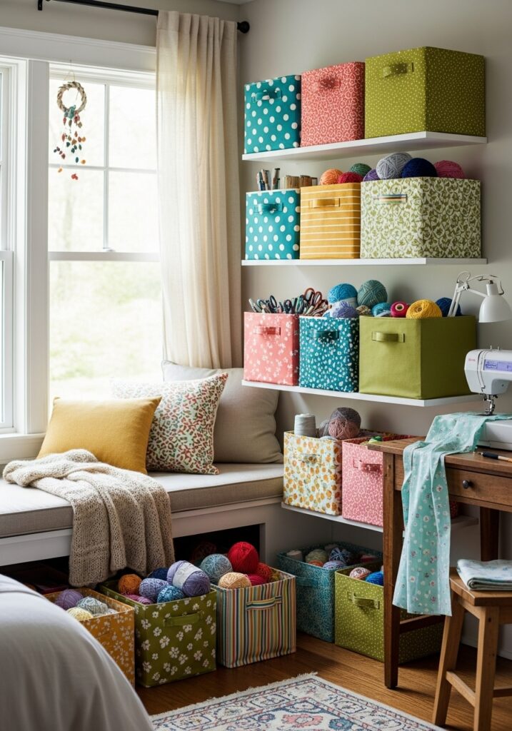 DIY fabric storage bins organizing items in a cozy bedroom