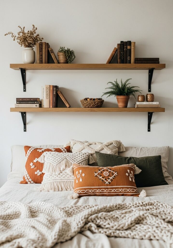 DIY hanging macrame shelves holding plants and decor in a boho bedroom