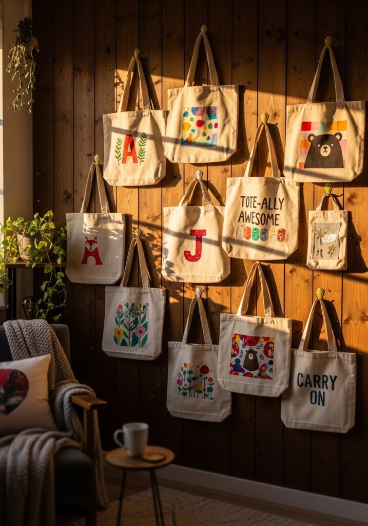 DIY personalized canvas tote bags displayed as wall decor in a creative room