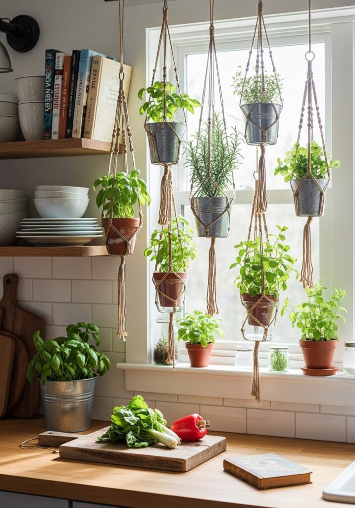 DIY hanging herb garden with green plants in a cozy kitchen corner