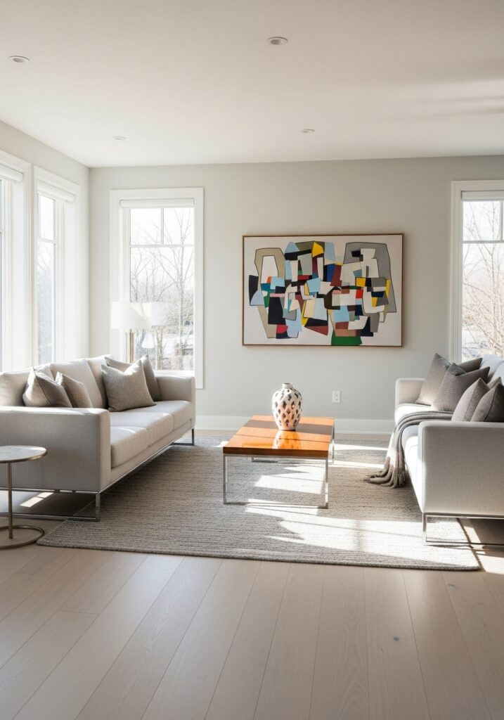  Contemporary room with sleek furniture, clean lines, neutral tones, and abstract wall art