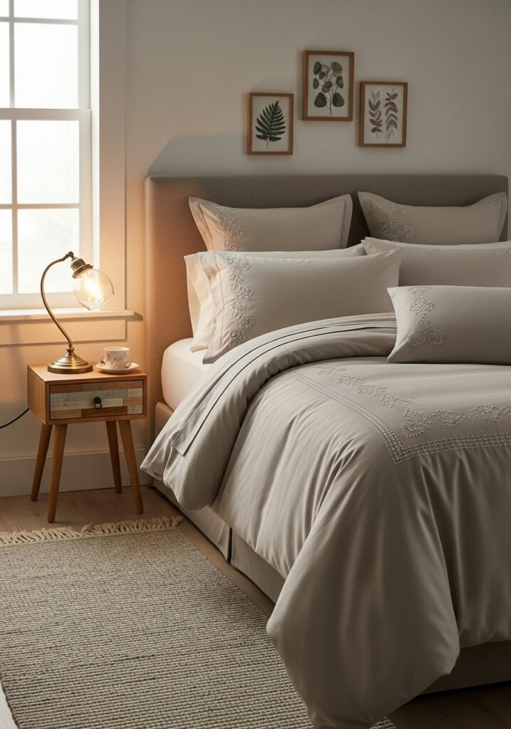 Bedroom featuring embroidered bed linens with subtle stitched details