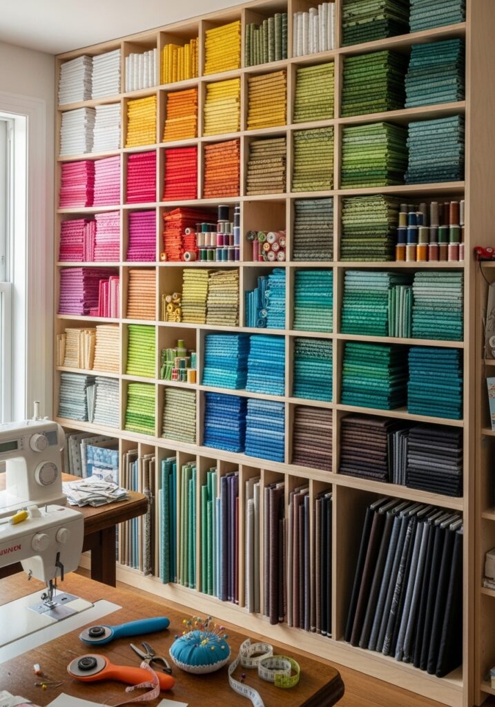  Fabric storage wall displaying neatly organized fabrics in a sewing room