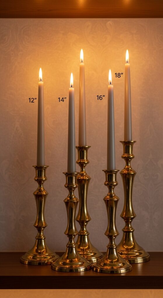 Tall brass candlesticks on shelf adding elegant vertical height

