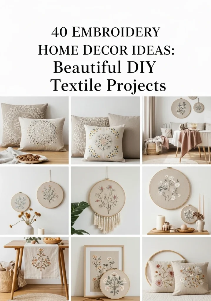 Handcrafted embroidery home decor featuring pillows, wall art, table linens, and textile accents in a warm modern interior