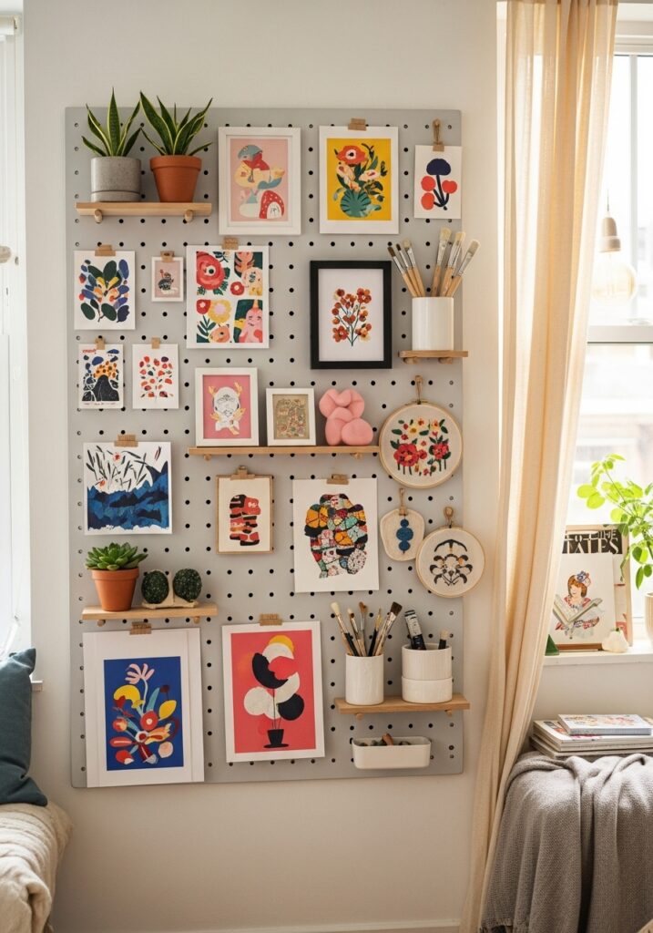 DIY pegboard art display showcasing colorful prints and handmade crafts