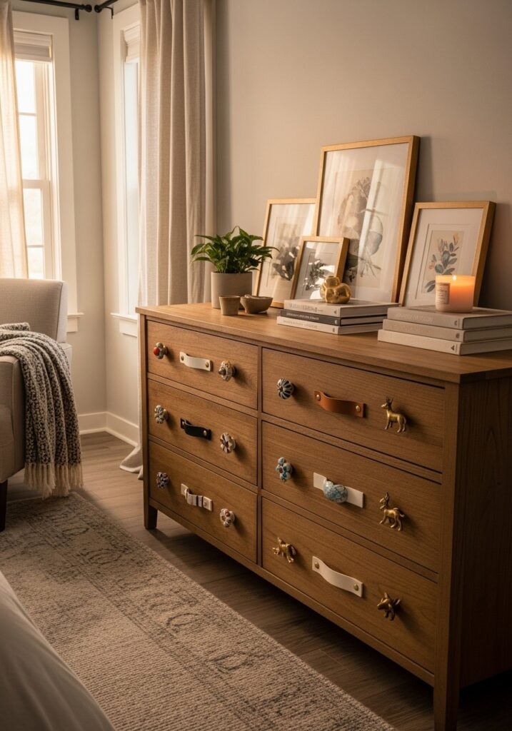 DIY decorative drawer pulls upgrading a dresser in a stylish bedroom