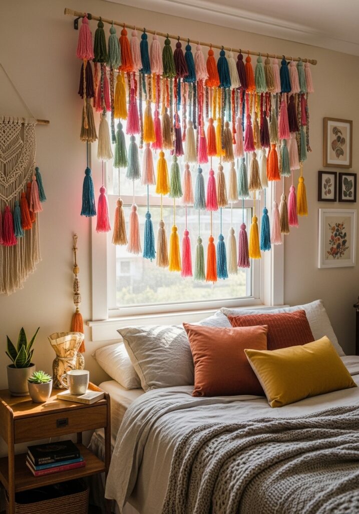 DIY tassel curtain adding playful texture to a cozy bedroom doorway