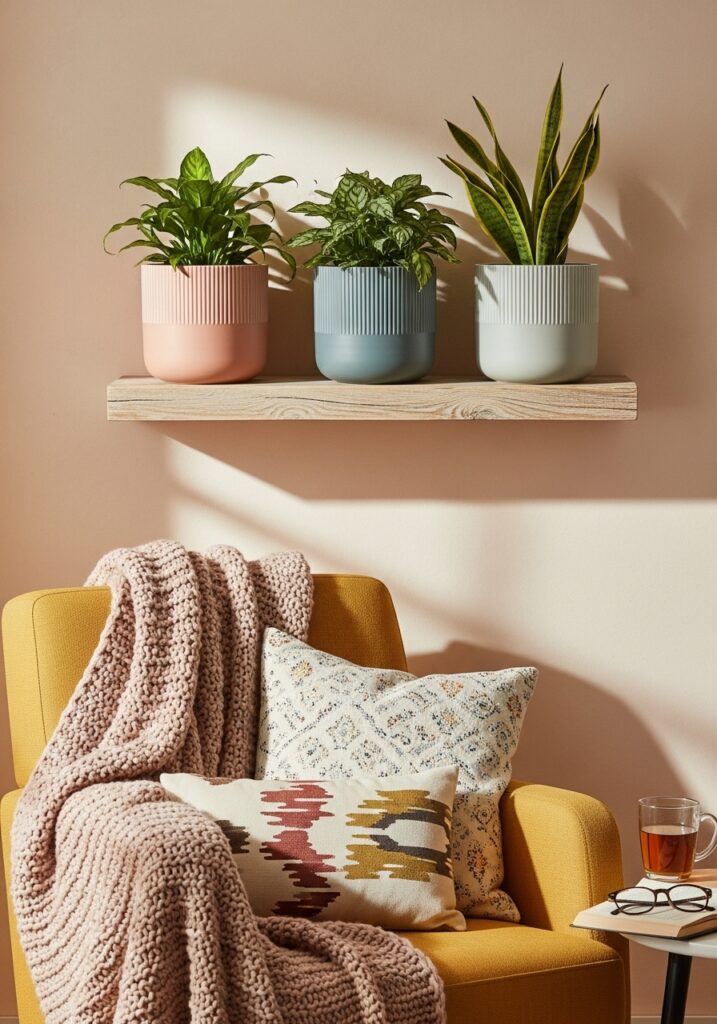DIY painted terracotta planters with plants in a colorful interior