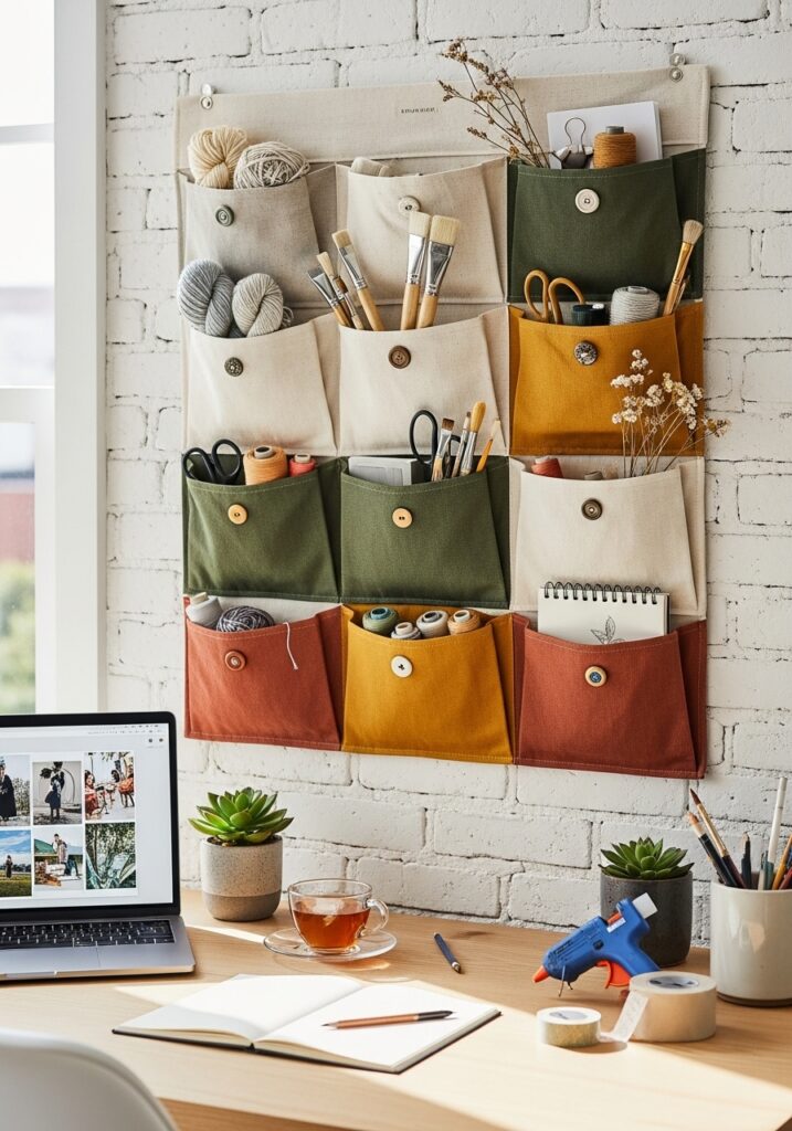 DIY fabric wall pocket organizer adding storage and style to a workspace