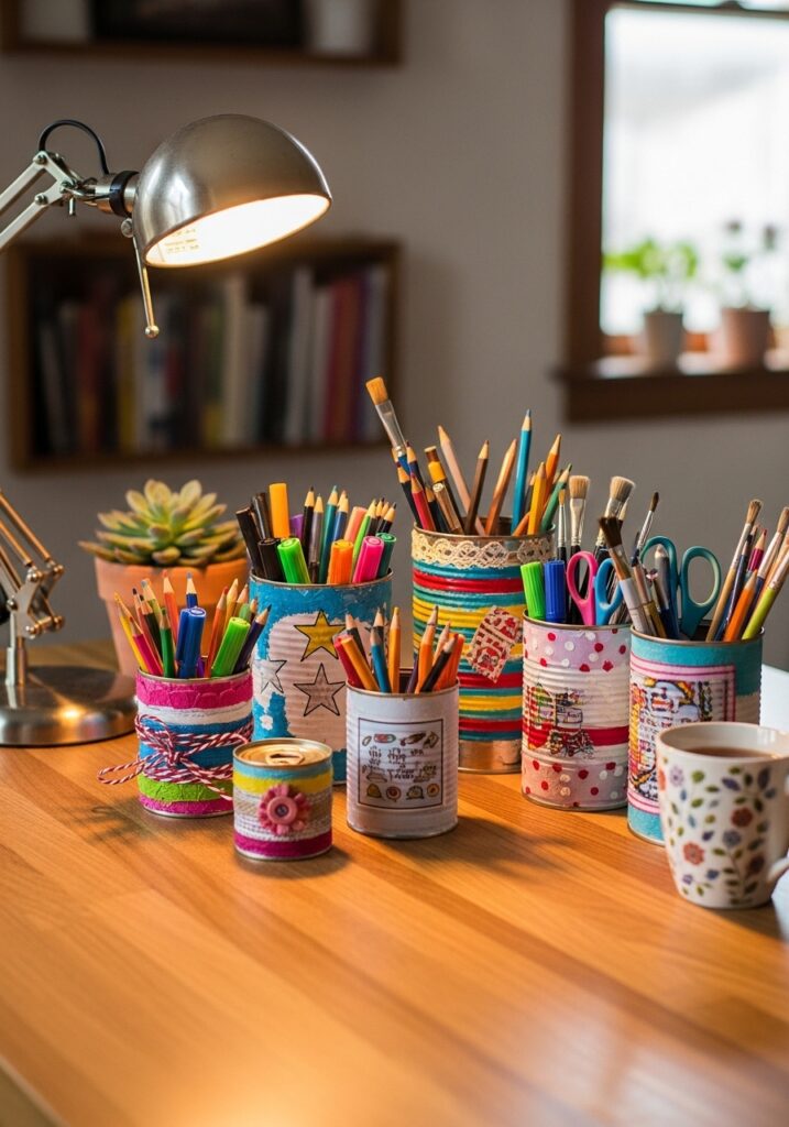 DIY upcycled tin can pencil holders organizing a creative desk setup