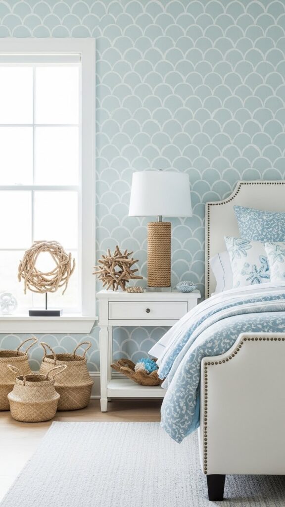 Pale blue scallop fish-scale pattern wallpaper in coastal chic bedroom