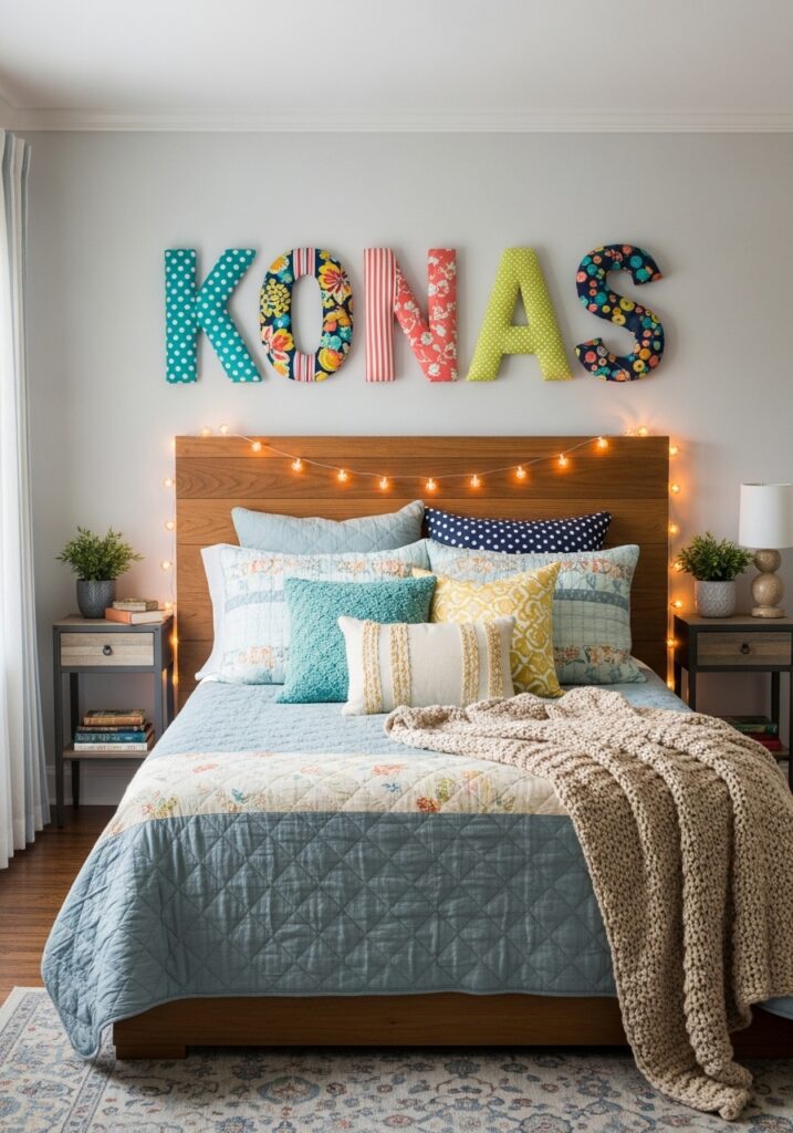 DIY fabric wall letters spelling a name above a cozy bed
