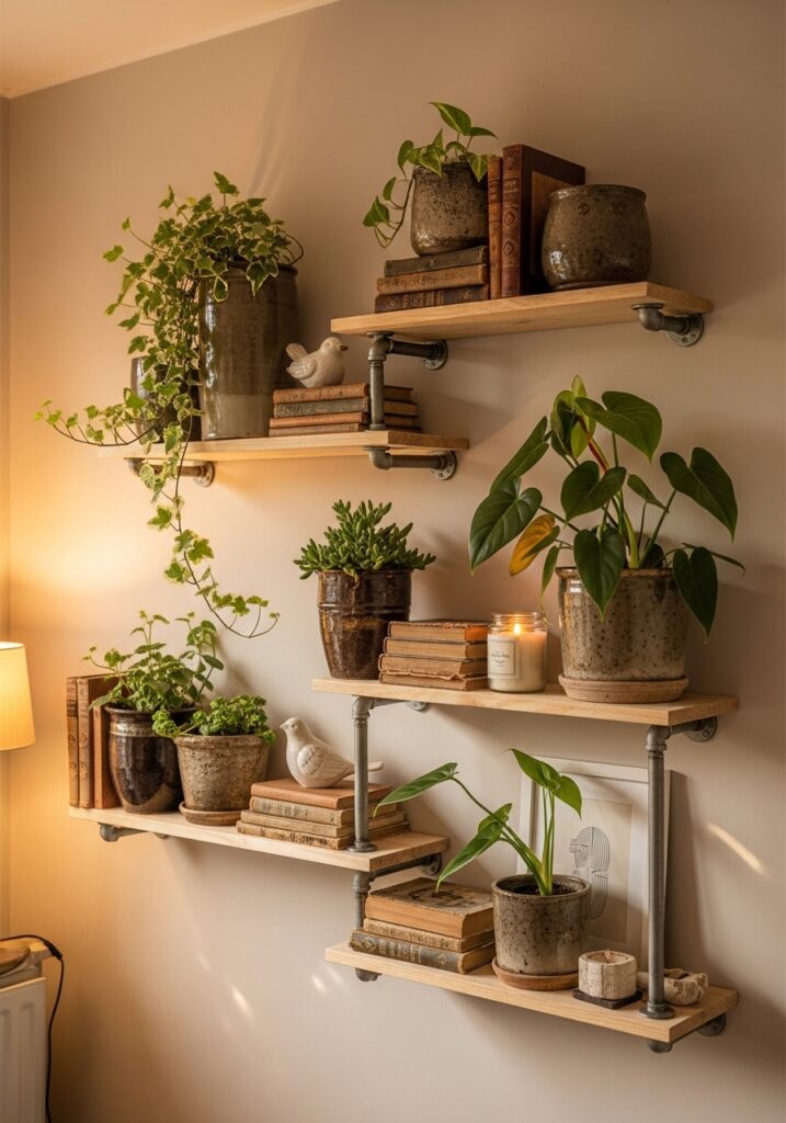 DIY decorative wall shelves styled with books and plants in a cozy room