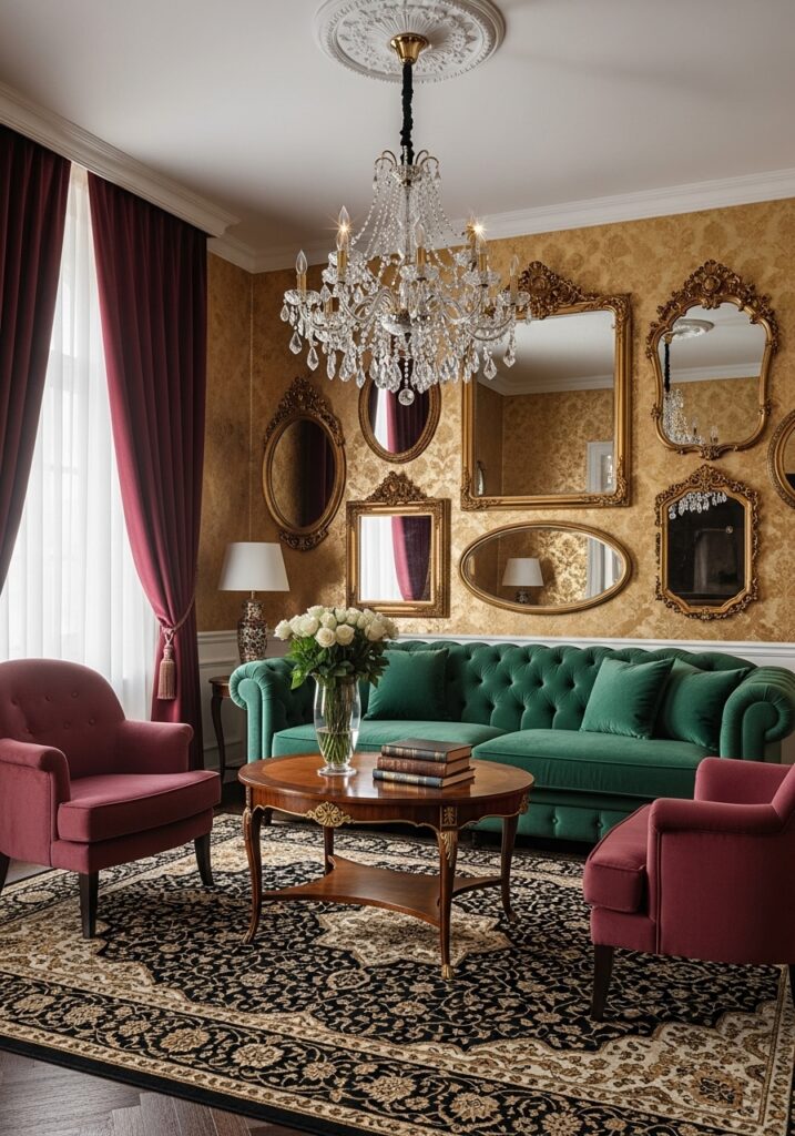  Vintage glam room with velvet furniture, chandelier lighting, and luxurious decor accents