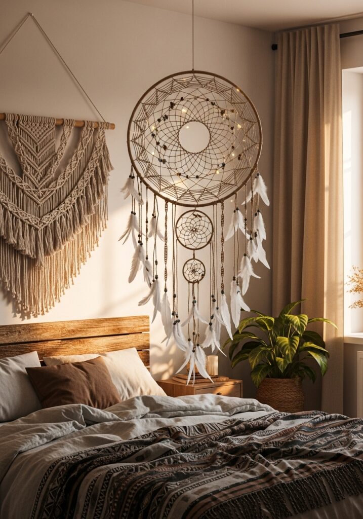 Handmade boho dreamcatcher hanging in a softly lit cozy bedroom