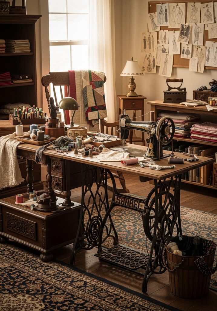  Vintage-style sewing room with classic furniture and retro details