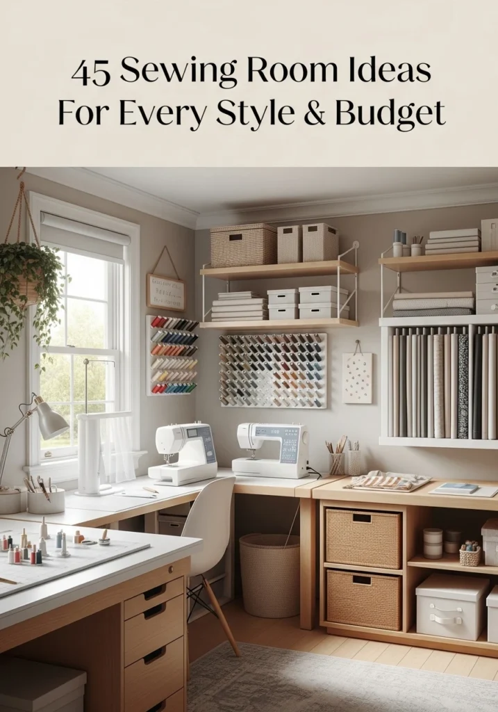 Bright and well-organized sewing room featuring a sewing machine, cutting table, fabric storage, and creative decor