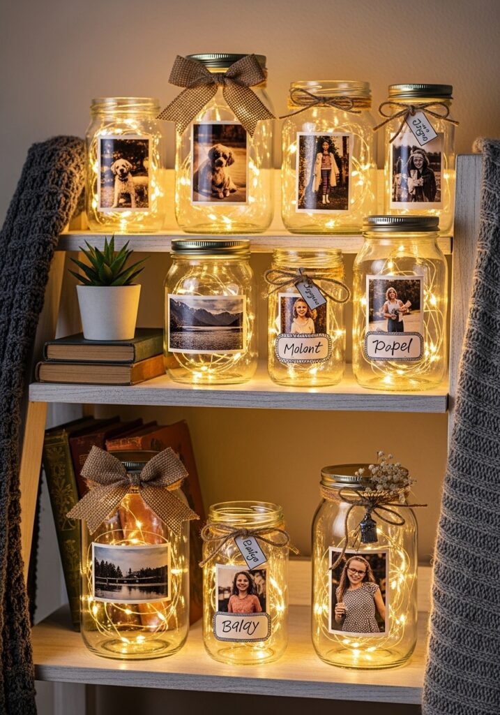 DIY personalized photo jars with fairy lights displayed on a bedroom shelf