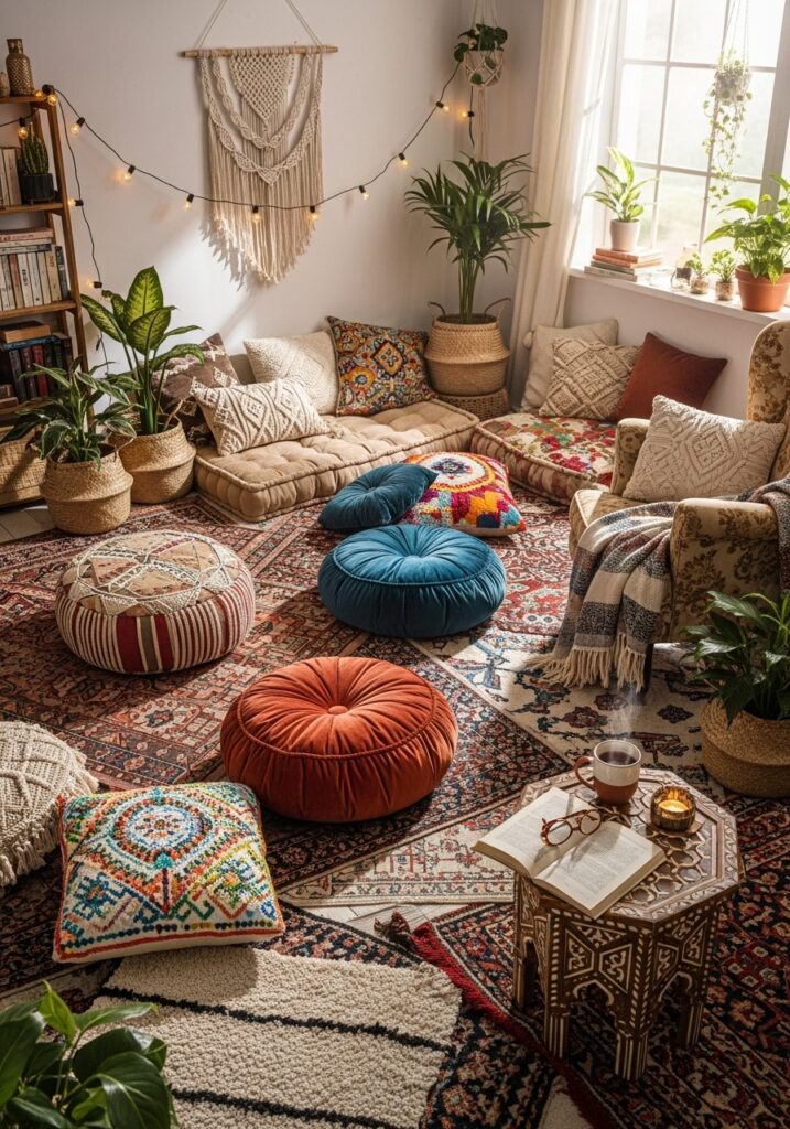  Bohemian reading nook with layered rugs, cushions, indoor plants, and cozy lighting