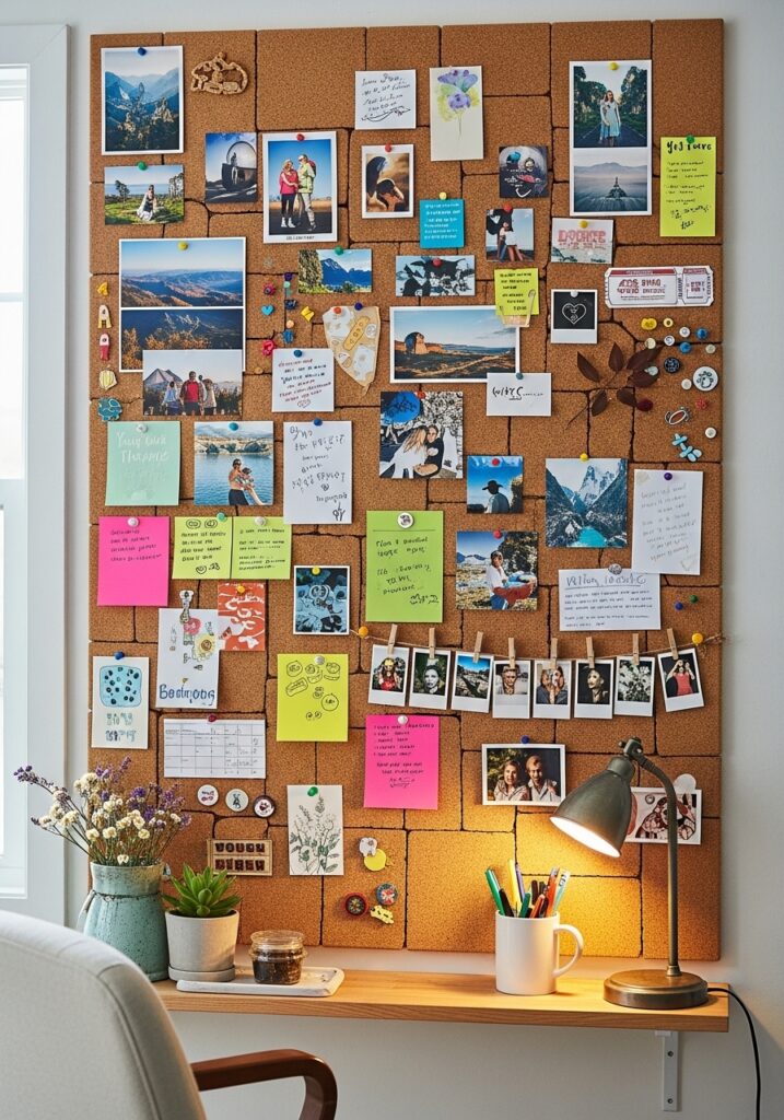 DIY corkboard inspiration wall with photos, notes, and creative decor in a workspace