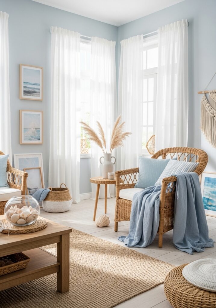 Coastal aesthetic room with light blue and white tones, airy decor, and natural sunlight