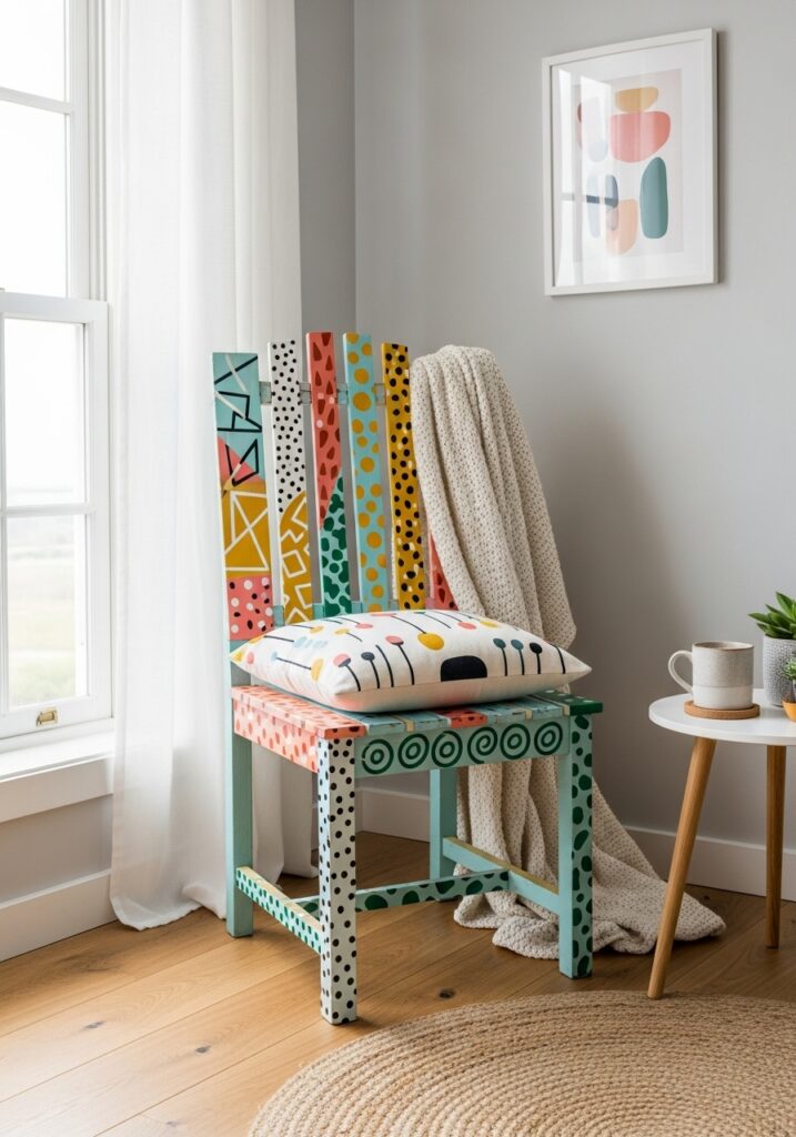 Upcycled wooden chair painted with colorful patterns in a modern cozy room corner