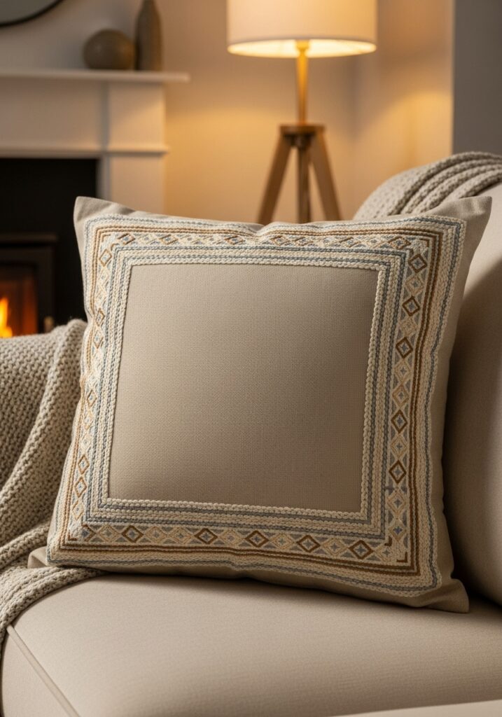 Decorative cushion featuring clean embroidered border detailing
