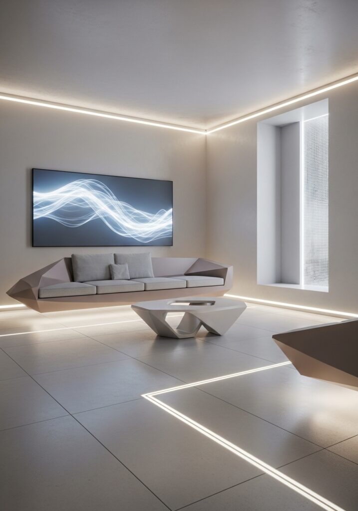 Futuristic minimalist room with LED lighting, geometric furniture, and sleek modern design