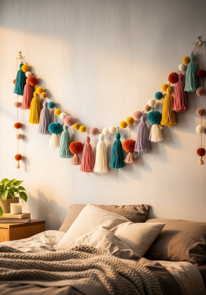 Colorful DIY tassel and pom-pom garland decorating a cozy bedroom wall