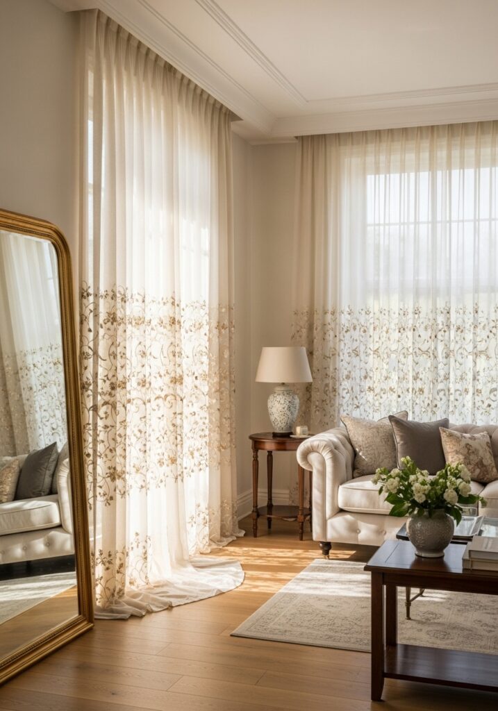 Sheer curtains with delicate embroidered detailing in a bright room