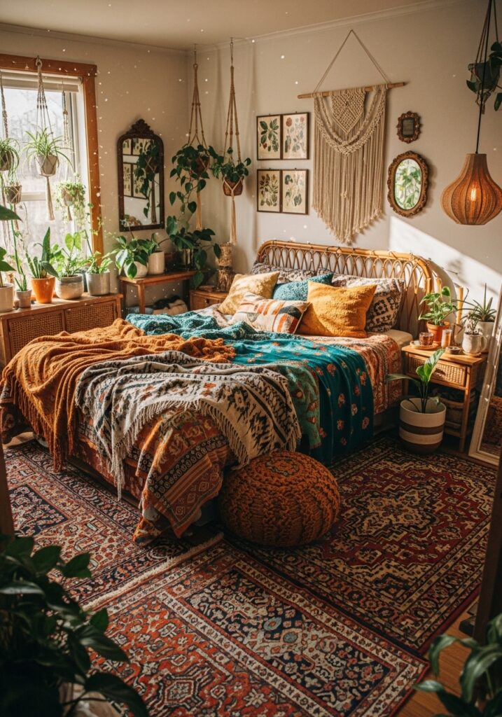 Vintage boho bedroom with colorful rugs, layered bedding, and natural decor elements