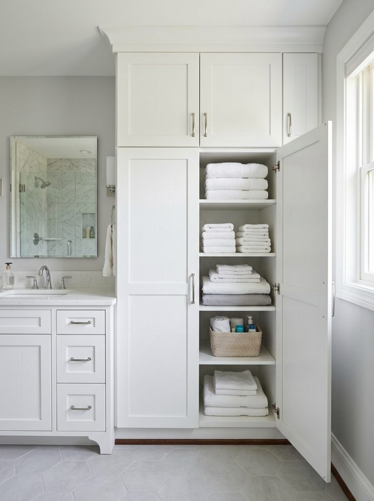 Floor-to-ceiling built-in linen cabinet with white shaker doors beside bathroom vanity with organized shelves and matching finish
