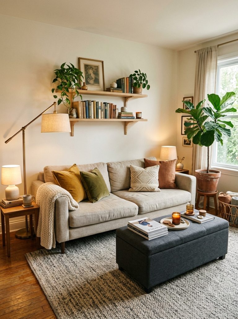 Beautiful living room with neutral linen sofa layered velvet pillows chunky knit throw large area rug brass floor lamp floating shelves storage ottoman large plant warm layered lighting