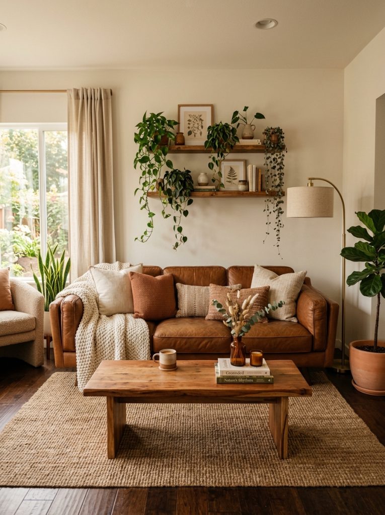 A beautiful living room centered around a warm brown couch layered with cream and terracotta throw pillows chunky knit throw draped over arm jute rug below warm wood coffee table beside brass floor lamp in corner trailing plants on floating shelves behind the brown sofa feeling grounded warm and inviting, warm golden natural light, realistic photography style, no text