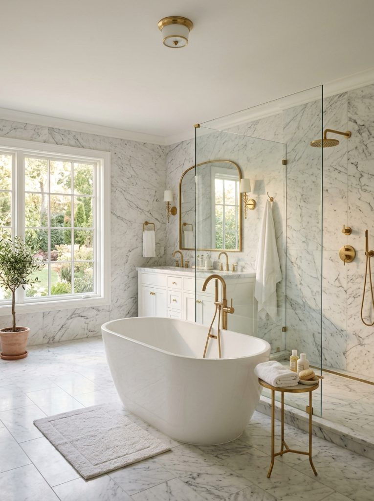 Luxurious bathroom with white Carrara marble on floors walls and shower surround with natural veining gold fixtures and freestanding tub
