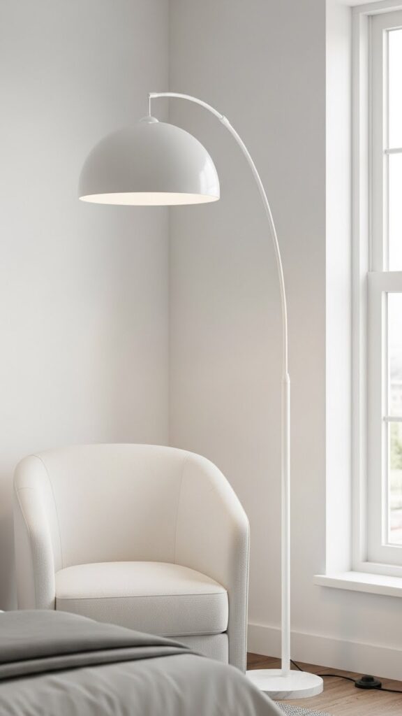 Modern white arc floor lamp in bedroom corner providing reading light as part of layered lighting