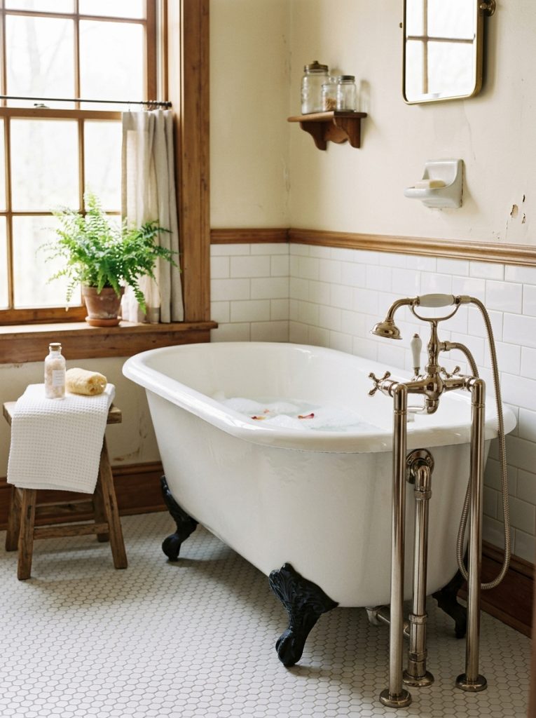 Refinished vintage clawfoot bathtub in glossy white with ornate feet floor-mounted nickel faucet and white hex tile floor in a charming bright bathroom