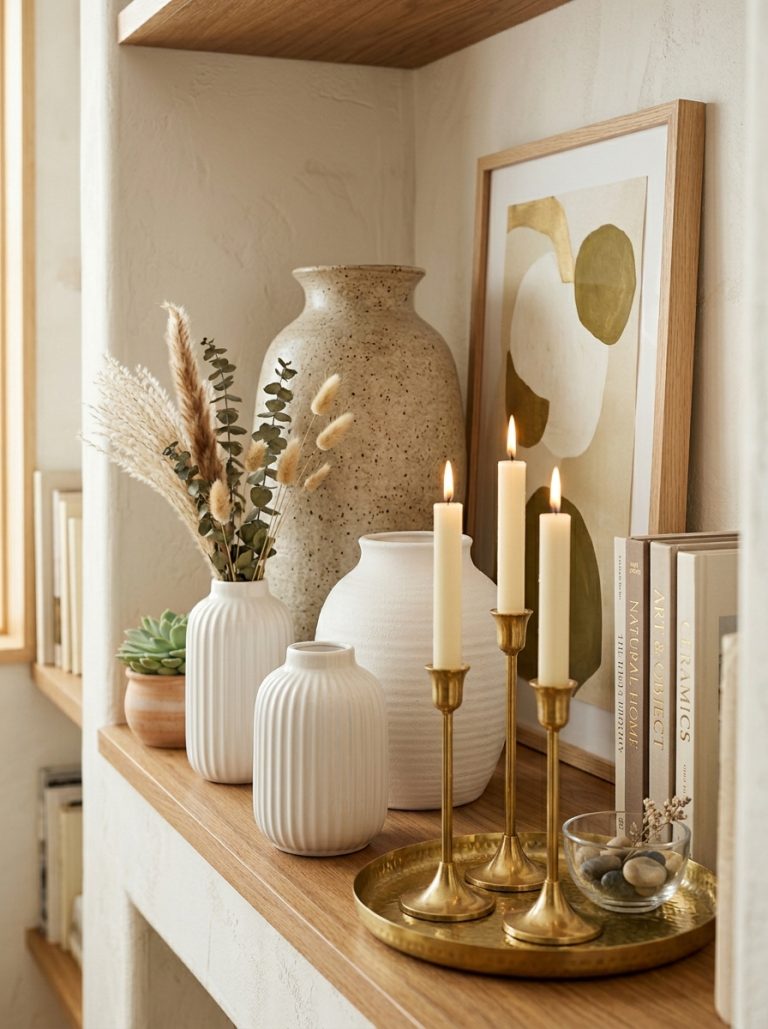 Beautifully styled shelf display with large vase leaned artwork white ceramic vases brass candlesticks succulent and gold tray in warm neutral tones